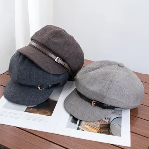Casquette gavroche vintage avec boucle, béret octogonal élégant pour femme, couvre-chef automne hiver.