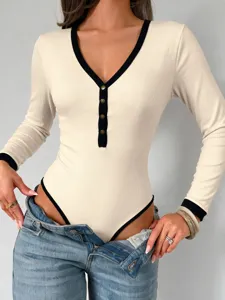 Donna body manica lunga costine scollo V bordo contrasto bottoni pressione top elegante