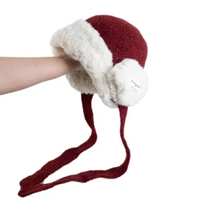 Thickened red plush ear-flap knitted hat for women, warm winter bomber hat with long ties.