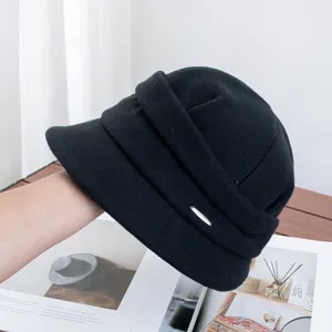 Japanese pleated short brim wool bucket hat for women, autumn winter vintage black hat.