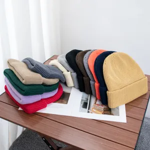 High quality solid color ribbed knit beanie hat autumn winter warm windproof ski cap for men