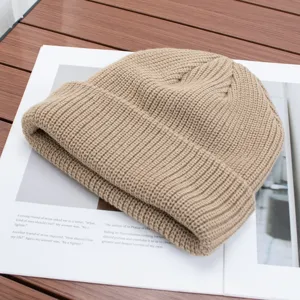 Solid color knit beanie winter warm ribbed hat casual unisex fashion design detail