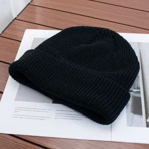 Solid black knit beanie winter warm cuffed cap casual fashion mens womens solid hat