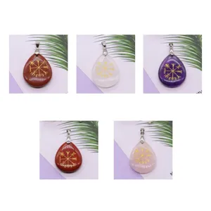 Natural stone Viking rune teardrop pendant set, sandblasted gold symbol necklace DIY accessory.