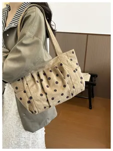Borsa tote in tela a pois in stile retrò coreano, design plissettato elegante e grande capacità.