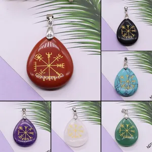Viking Rune Natural Stone Teardrop Pendant Sandblasted Engraved Nordic Compass Charm For DIY Jewelry Making Accessories