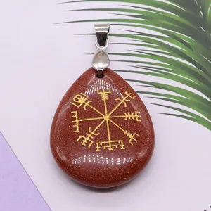 Natural Sandstone Viking Rune Teardrop Pendant Silver Bail Necklace DIY Jewelry Accessory