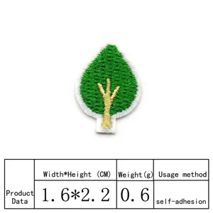 Gedetailleerde afmetingen en specificatietabel voor de groen blad geborduurde patch.
