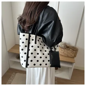 Borsa shopper a pois bianchi e neri da donna, elegante borsa a spalla casual con pochette