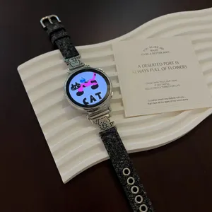 Denim smartwatch strap with cute bear charms, stylish fabric replacement band for smart watch.
