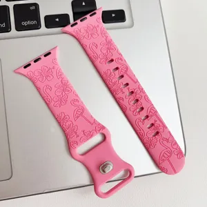 Rosa Silikon graviertes Uhrenarmband Detail mit Flamingo und Blumenmuster fuer Smartwatch