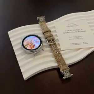 Denim fabric smartwatch strap with cute cat metal charm for Huawei and Samsung watch.