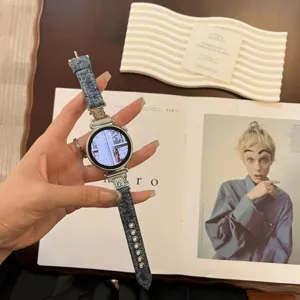 Denim smartwatch strap compatible with Huawei GT4 Watch 4 Pro and Samsung, cute cat design detail.