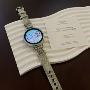 Denim fabric watch strap replacement accessory with cute metal bear charms for smartwatch band.