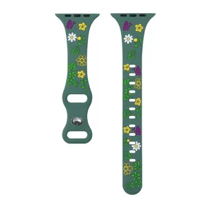 Green floral silicone watch strap detail, cute butterfly pattern apple watch band accessory.
