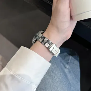 Replacement leather metal watch strap with cute cartoon bear pattern design for smartwatches.