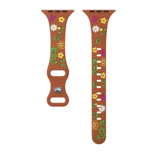 Silicone watch strap replacement for Apple Watch featuring colorful floral and butterfly print design.