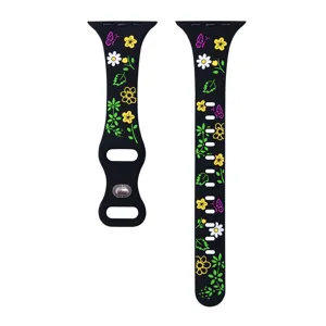 Floral print silicone watch band detail view, compatible with smart watch, soft and durable.