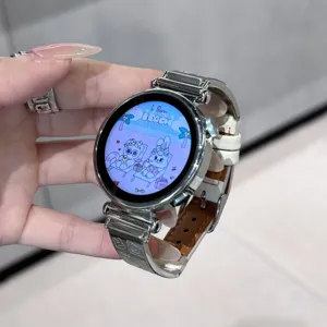 Replacement metal and genuine leather watch strap compatible with Huawei smart watches, cute design.