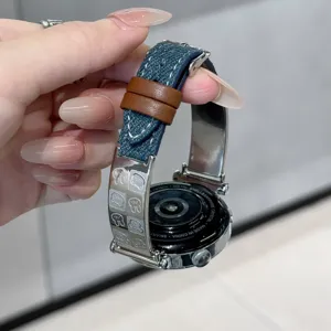 Stylish denim and leather watch strap with cute puppy metal charms for smartwatches.