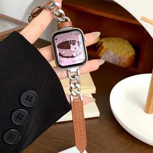 Ersatzarmband aus Metallkette und Leder, kompatibel mit Apple Watch, elegantes Design.