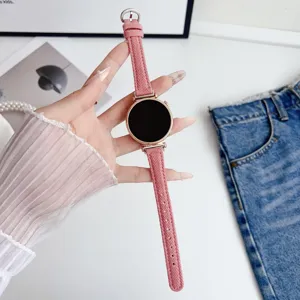 Pink denim smartwatch strap featuring rose gold metal hardware, stylish and comfortable replacement.