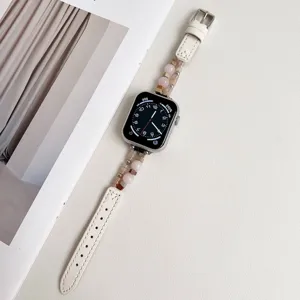 Elegante natuurstenen kralen en lederen horlogeband voor Apple Watch, stijlvol accessoire.