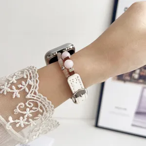 Geral kralen leer Apple Watch bandje voor dames, elegant natuursteen ontwerp, compatibel.