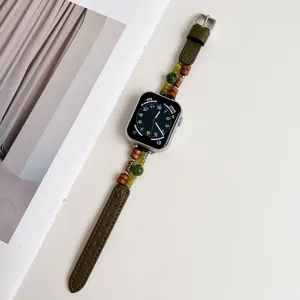 Groene lederen en natuursteen kralen horlogeband compatible met de Apple Watch.