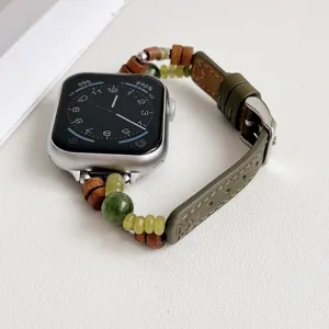 Natuursteen lederen Apple Watch band groen edelsteen kralen polsband vervanging accessoire