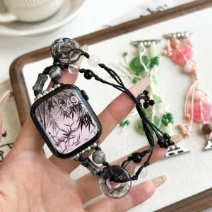 Cinturino per Apple Watch in giada e perle stile cinese, elegante ricambio nero di pietra.
