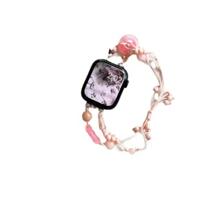 Cinturino per orologio con perle rosa in stile cinese compatibile con Apple Watch, elegante giada.