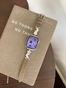 Chic star moon litchi leather watch band compatible with Apple Watch series 7 8 9 SE.