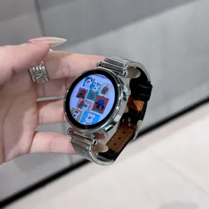 Detailed view of metal and leather watch strap featuring creative cartoon dog dial for smartwatches.