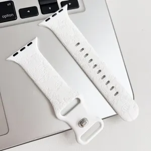 Weißes Silikonarmband mit Blumen und Flamingo Prägung kompatibel für die Apple Watch.