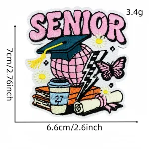Detailed view of 2027 graduation senior pink embroidered patch with cute butterfly and books.