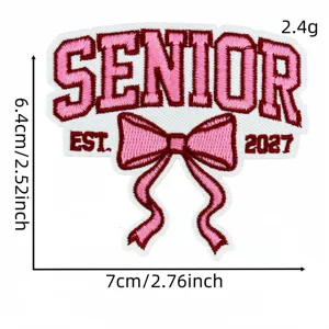 Detailed view of the pink senior graduation bow embroidery patch with precise measurements.