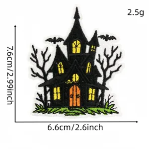 Halloween haunted castle embroidered patch, spooky bat and tree design for clothing DIY.