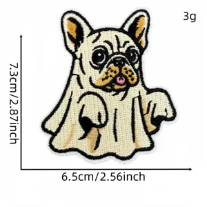 Halloween French Bulldog ghost embroidered patch, cute cartoon dog iron-on badge accessory.