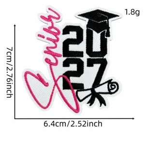 2027 graduation embroidered patch with pink bow and cap design, DIY clothing accessory.