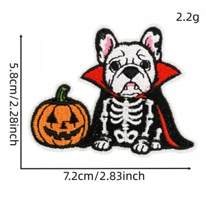 Halloween French bulldog vampire skeleton and pumpkin embroidered patch detail and size view.