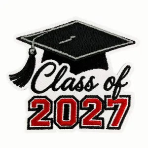 Écusson chapeau de diplôme Class of 2027 brodé thermocollant pour vêtement et accessoire.