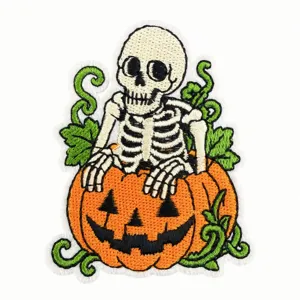 Halloween skeleton pumpkin embroidery patch spooky cute clothing badge DIY sewing accessory.