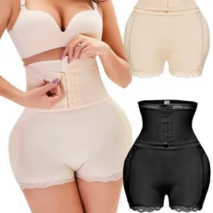 High-waist tummy control shapewear shorts with butt lifter pads and lace trim for women.