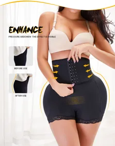 High waist tummy control shapewear shorts with hook closure, detail view of body shaping.