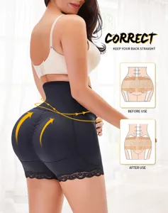 High-waist butt lifting shaping shorts with lace trim, designed for tummy control and curves.