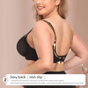 Plus size mesh ultra thin anti sagging bra with X shaped back reinforcement and wide straps.