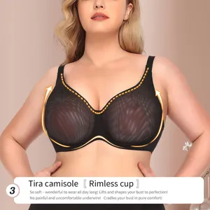 Close-up view of the plus-size black mesh bra, highlighting the comfortable rimless cup design.