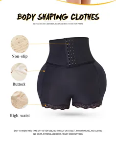 High-waist body shaping shorts detail with front hooks, hip padding, and elegant lace trim.
