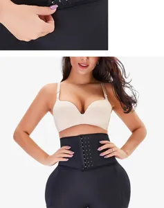 Close-up detail view of black high-waisted tummy control shapewear with secure hook closures.